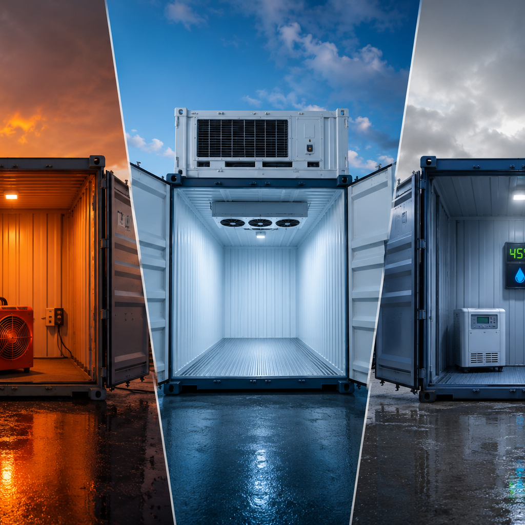 Three shipping containers labelled refrigerated, heated and humidity-controlled side by side in a UK storage yard